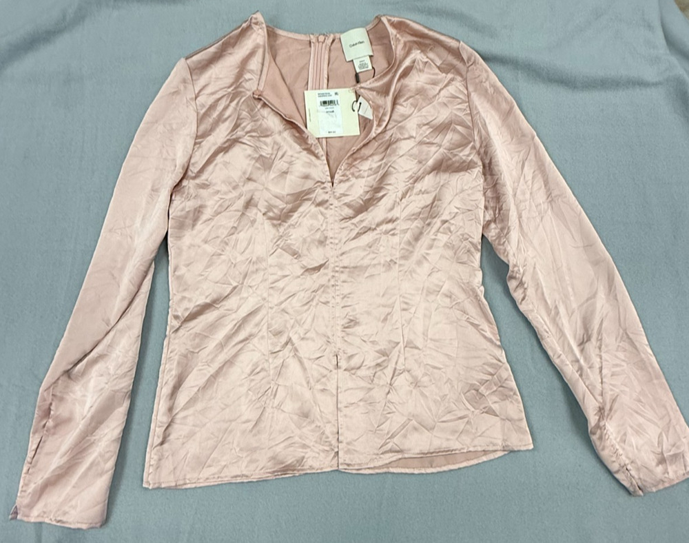 Calvin Klein Top Women S Pale Mauve Satin Split Hem Long Sleeve Elegant Chic NWT